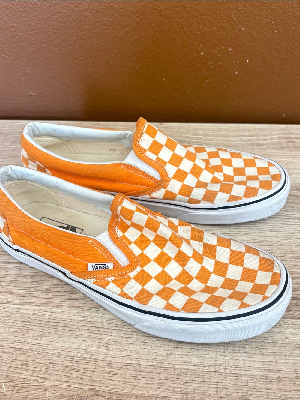 Vans Orange and White Checkerboard Slip-on Sneakers, Men’s Size 8.5, Women’s 10